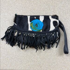 Black and White Fringed Cowhide Clutch with Blue & Green Floral Detail by Bonnie